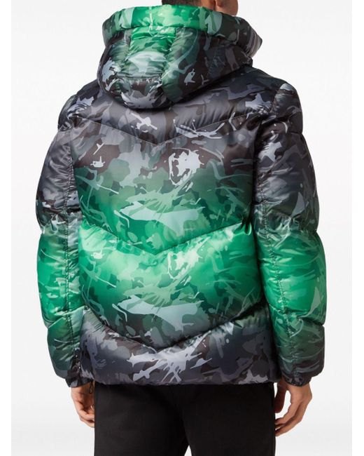 Philipp Plein Green Camouflage-pattern Hooded Padded Jacket for men