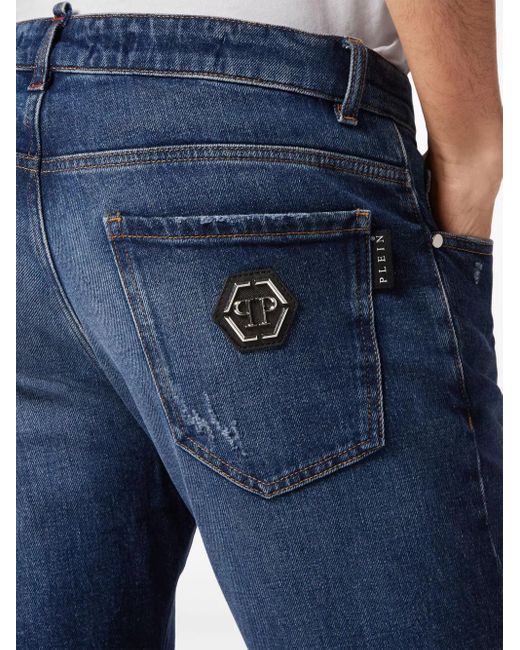 Philipp Plein Blue Paint-Splatter Slim-Fit Jeans for men
