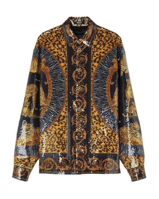 Versace Brown Leopard-Print Sequin-Embellished Shirt for men