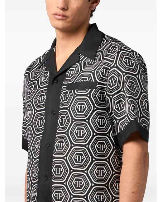 Philipp Plein Black Silk Bowling Shirt Monogram 70's for men