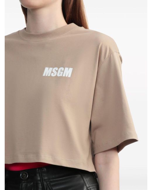 MSGM Natural Logo-print Cotton Cropped T-shirt