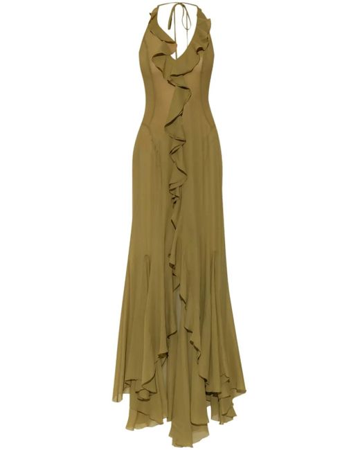 M I S B H V Green Ruffle-Detailing Midi Dress