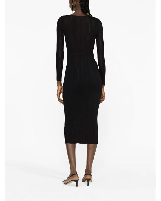 Self-Portrait Black Textured Knit Midi Dress With Wrap Bodice