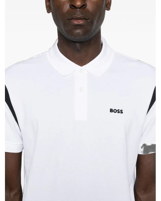 Boss White Logo-Print Polo Shirt for men