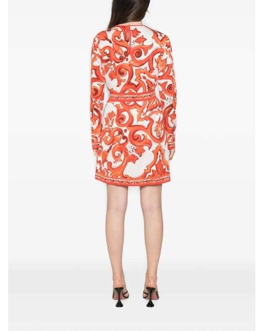 Dolce & Gabbana Red Baroque-Print Belted Mini Dress