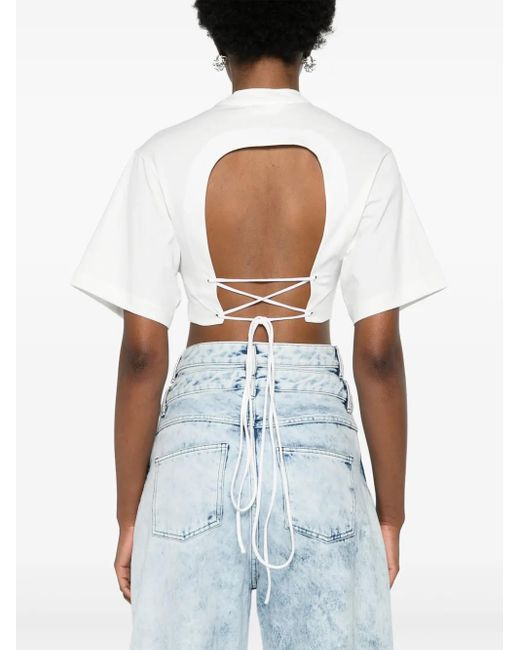 Palm Angels White Cropped T-Shirt With Embroidery
