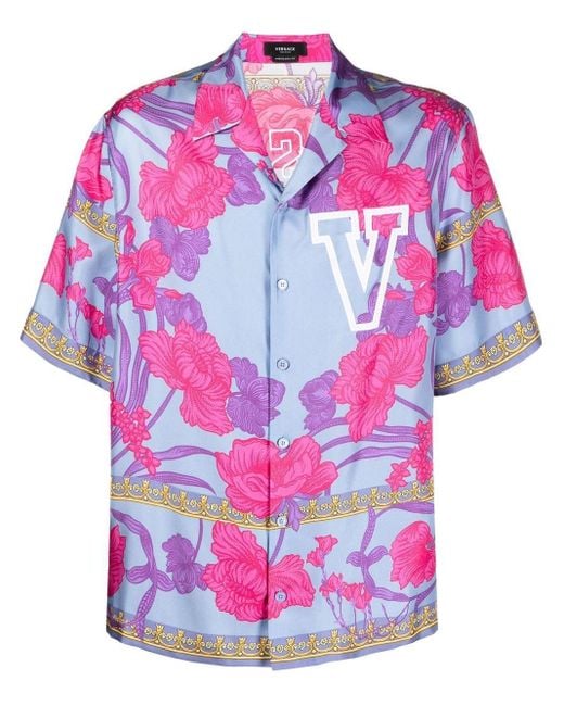 Versace Pink Floral-print Silk Shirt for men