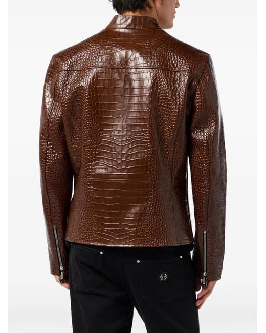 Philipp Plein Brown Zip-Fastening Leather Jacket for men