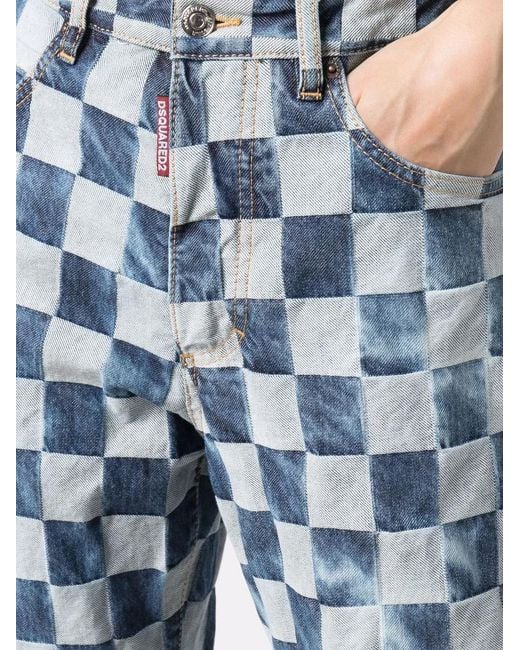 DSquared² Blue Checked Wide-Leg Jeans