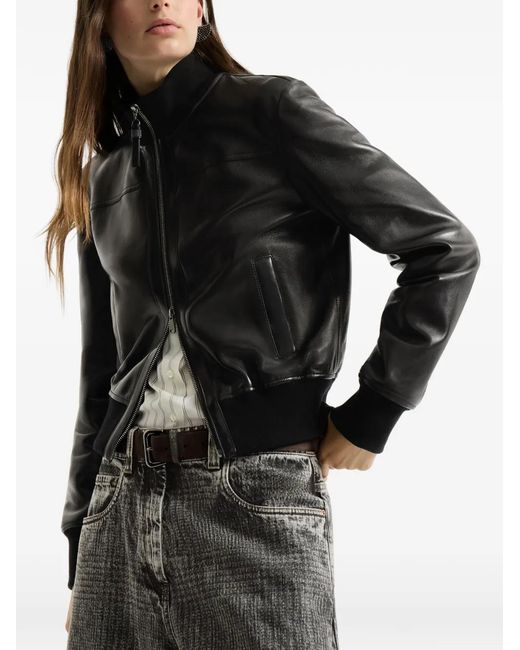 Brunello Cucinelli Black Nappa-Leather Outerwear Jacket With Monili