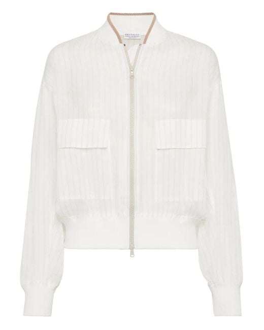 Brunello Cucinelli White Striped Bomber Jacket