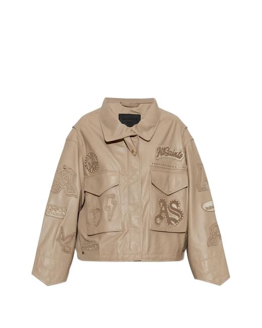 AllSaints Natural Clay Logo-Patch Leather Jacket