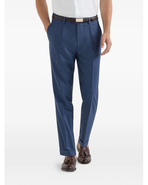 Brunello Cucinelli Blue Virgin Wool Houndstooth Trousers for men