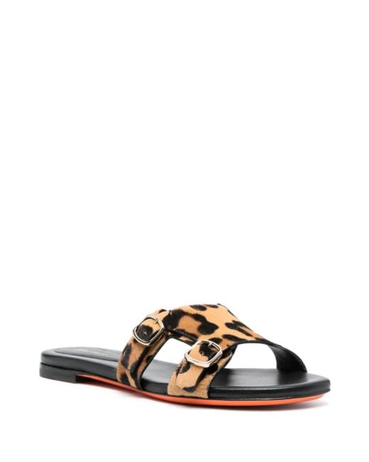 Santoni Brown Leopard-Print Double-Buckle Slides