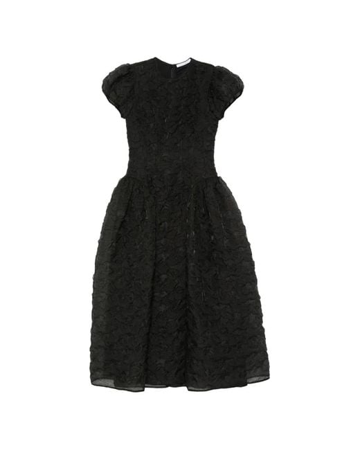 CECILIE BAHNSEN Black Puff-Sleeve Textured-Finish Midi Dress