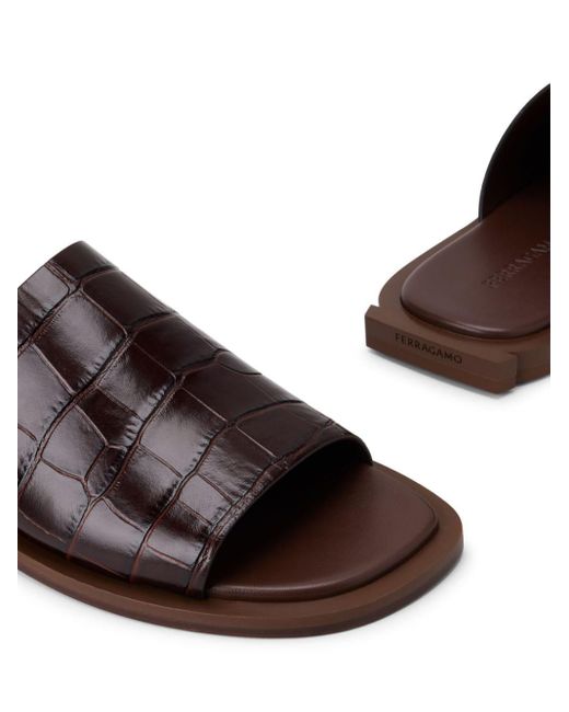 Ferragamo Brown Crocodile-effect Leather Slides for men
