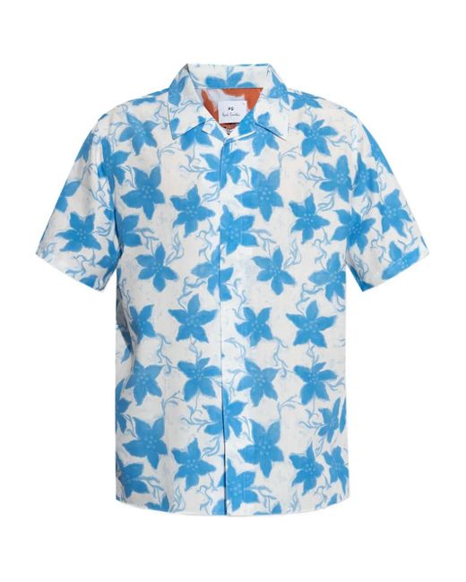 Paul Smith Blue Floral-Print Short-Sleeve Shirt for men