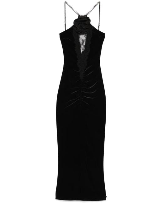 Nissa Black Floral-Appliqué Velvet Midi Dress
