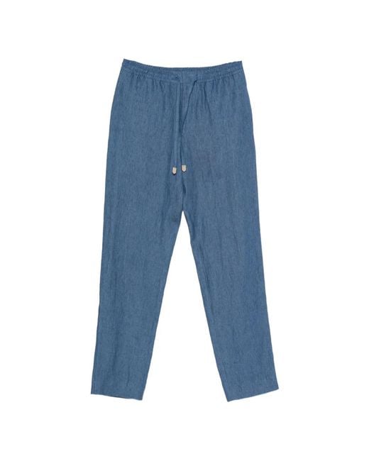 Canali Blue Drawstring-Waist Linen Trousers for men