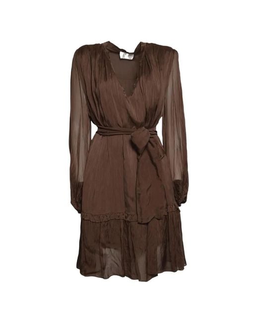SOLOTRE Brown Crinkled-Finish Belted Dress