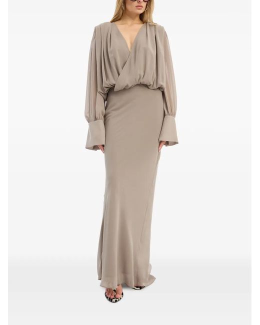 ROTATE BIRGER CHRISTENSEN Natural V-Neck Long Chiffon Dress With Flowing Sleeves And Bow