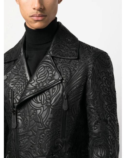 Philipp Plein Black Paisley-Print Leather Biker Jacket for men