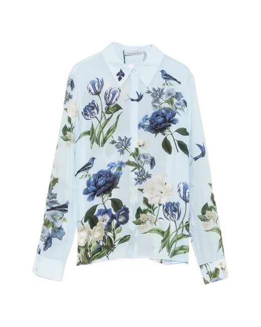 Alice + Olivia Blue Floral-Print Long-Sleeve Shirt