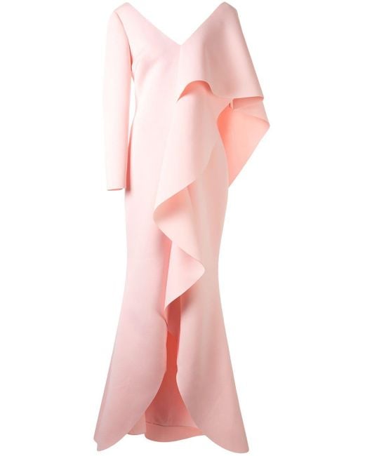Robe longue à volants asymétriques Badgley Mischka en coloris Pink