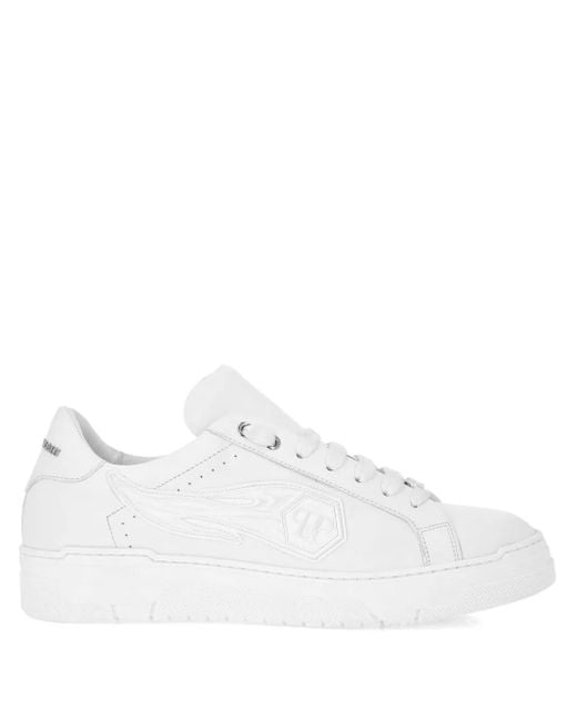 Philipp Plein White Flame-Logo Leather Sneakers