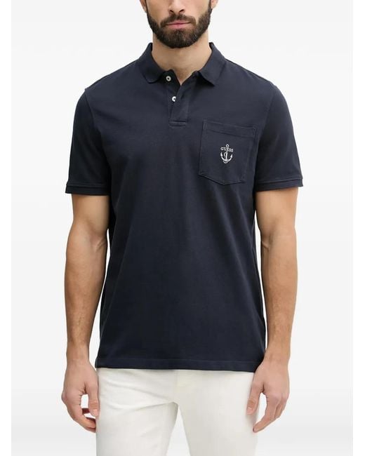 Guess Blue Logo-Embroidered Chest-Pocket Polo Shirt for men
