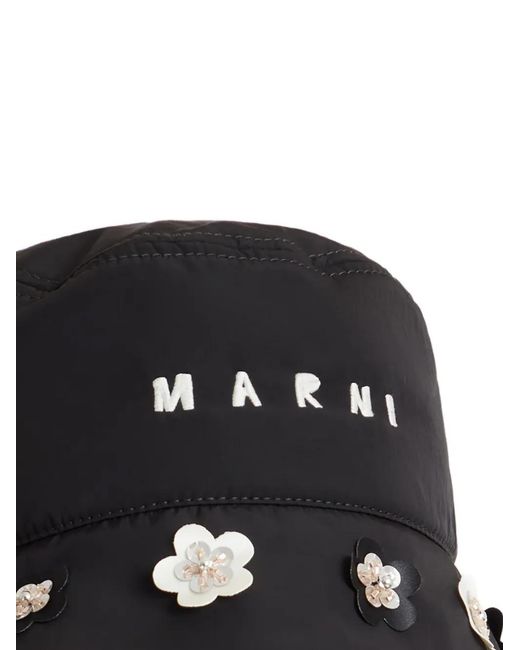 Marni Black Taffeta Bucket Hat With Daisy Appliqués