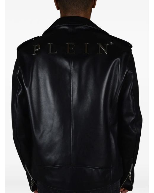 Philipp Plein Black Zip Leather Biker Jacket for men
