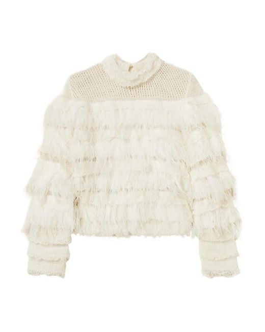 Twinset White Feather-Embellished Ruffled Jumper