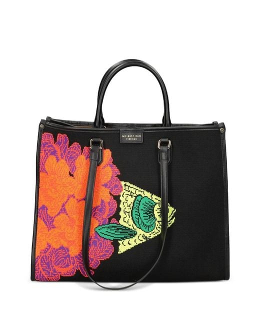 MY BEST BAG Black Atena Ethology Floral Fish Tote Bag