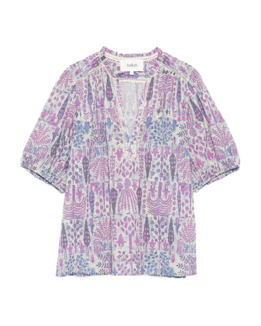 Ba&sh Purple Pueblo Floral-Print Puff-Sleeve Top