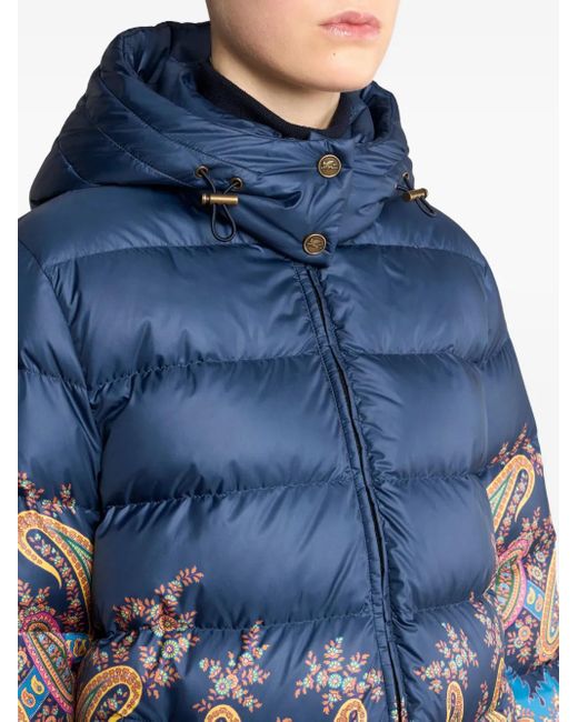 Etro Women's Blue Paisley-Print Hooded Down Coat