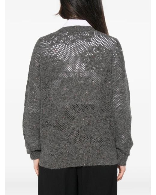 Brunello Cucinelli Gray Sequin-Embellished Open-Knit Sweater