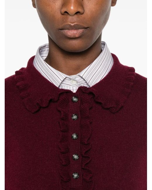 Allude Red Ruffle-Trimmed Button-Up Sweater