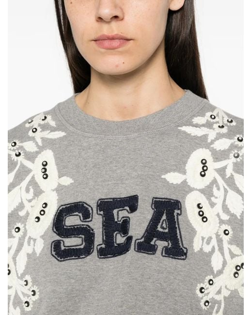 Sea Gray Floral-Embroidered Sweatshirt