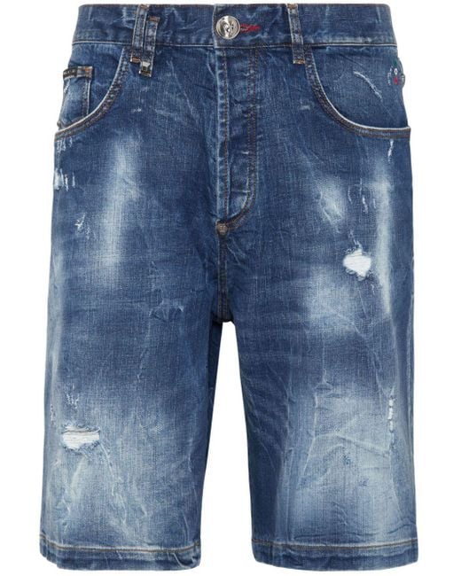 Philipp Plein Jeans-Shorts mit Patch-Detail in Blue für Herren