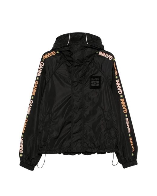 Ganni Black Logo-Print Hooded Jacket