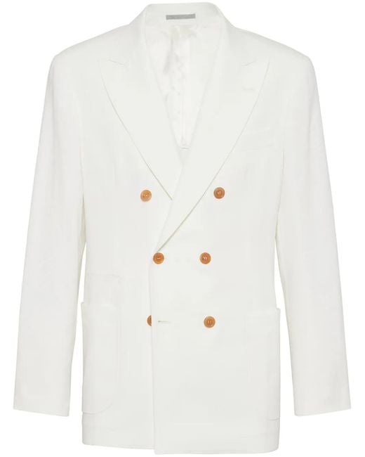 Brunello Cucinelli White Double-Breasted Linen Blazer for men