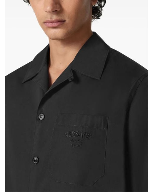 Versace Black Medusa Chain Camp-Collar Embroidered Printed Cotton-Twill Shirt for men