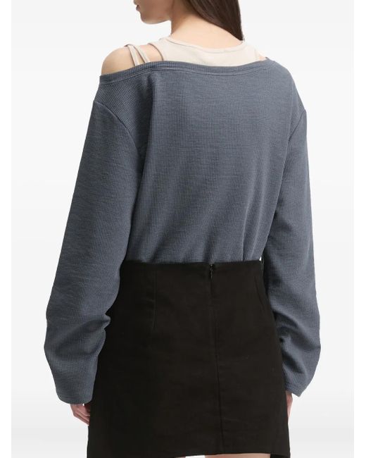 Mini Cream Blue Waffle-Knit Off-Shoulder Top