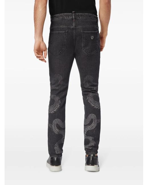 Philipp Plein Gray Dragon-Print Washed Straight-Leg Jeans for men