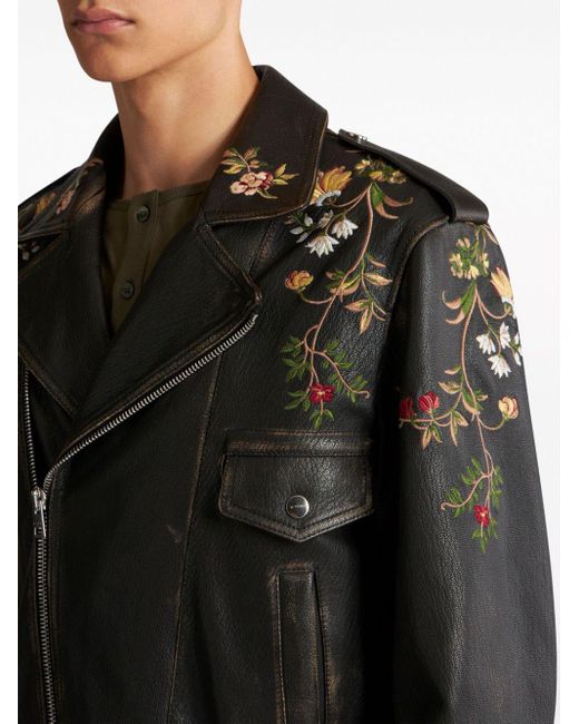 Etro Black Floral-embroidery Leather Biker Jacket for men