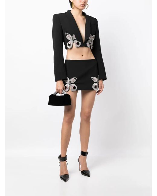 Area Black Crystal-embellished Cropped Wool Blazer