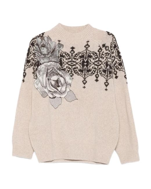 Blugirl Blumarine Natural Pullover Mit Rosen-Print