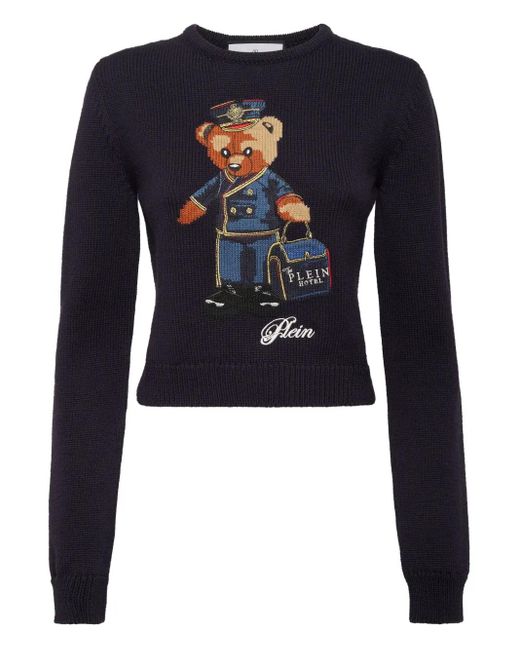 Philipp Plein Blue Cropped Round Neck Pullover Teddy Doorman