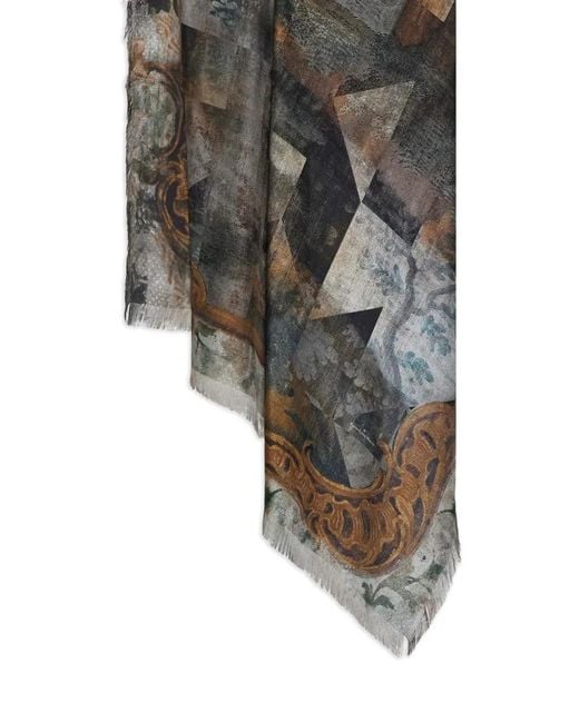 Pierre Louis Mascia Gray Aloeuw Printed Fringed Shawl Scarf